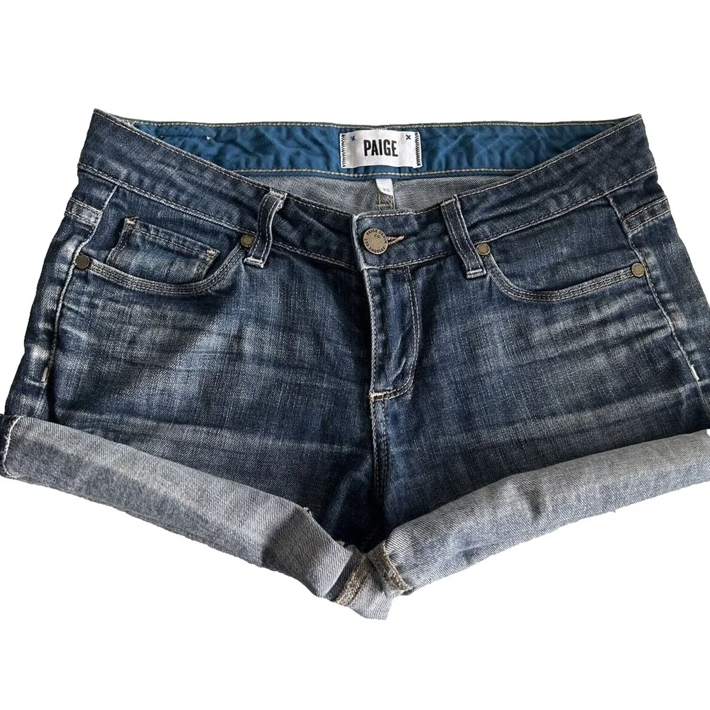 Women's Paige Premium Denim Shorts Mid Rise Raw Hem Relaxed Boyfriend SZ 25